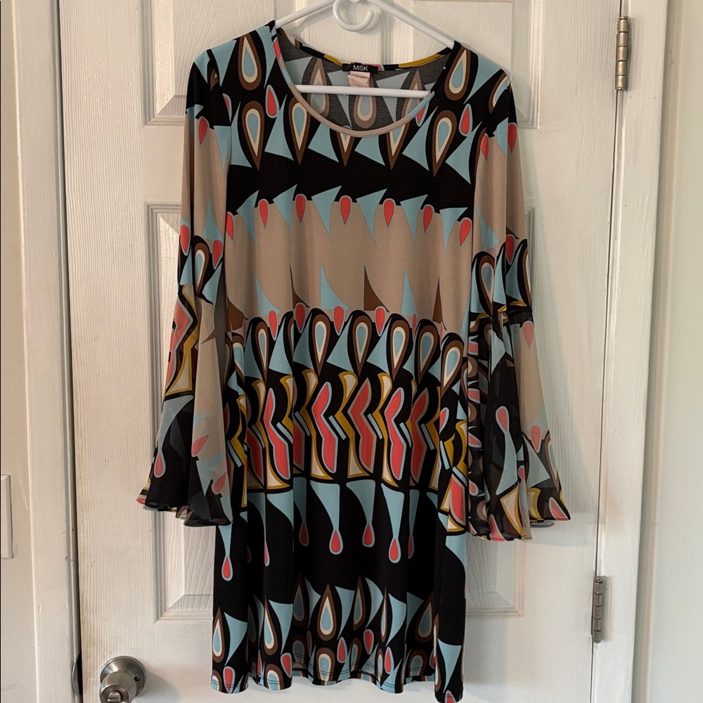 Psychedelic Print Boho Dress Sheer Bell Sleeve Retro Mod Tunic M - Picture 4 of 7